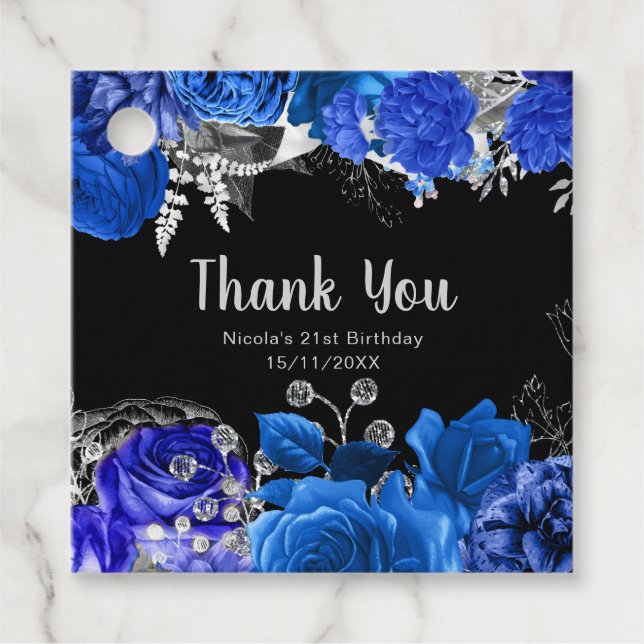Elegant Blue and Silver Flowers Birthday Party Geschenkanhänger (Vorderseite)
