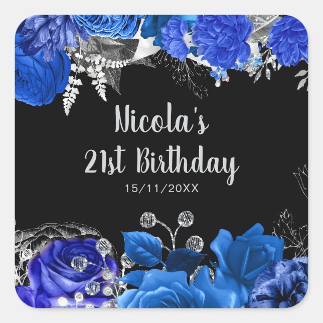 Elegant Blue and Silver Flowers Birthday Party Quadratischer Aufkleber (Vorderseite)