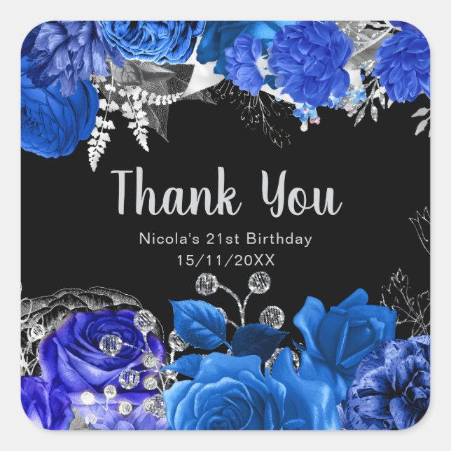 Elegant Blue and Silver Flowers Birthday Party Quadratischer Aufkleber (Vorderseite)