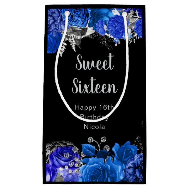 Elegant Blue and Silver Flowers Sweet Sixteen Kleine Geschenktüte (Vorderseite)