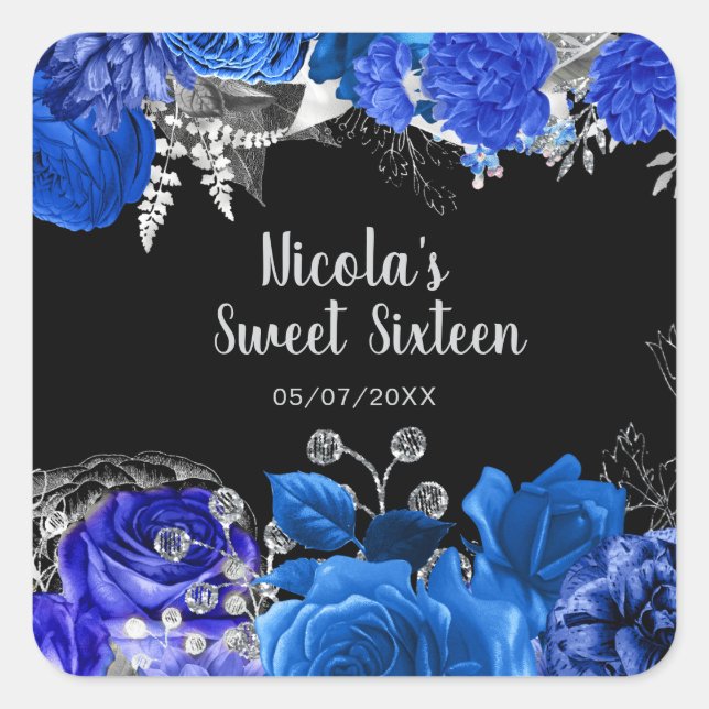 Elegant Blue and Silver Flowers Sweet Sixteen Quadratischer Aufkleber (Vorderseite)