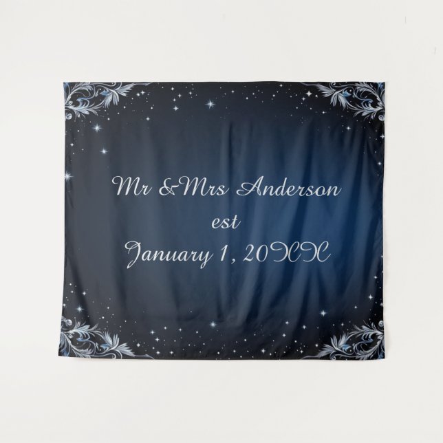 Elegant Blue and Silver Wedding Photo Backdrop Wandteppich (Vorderseite (Horizontal))