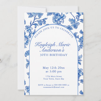 Elegant Blue and White 30th Birthday Party Einladung