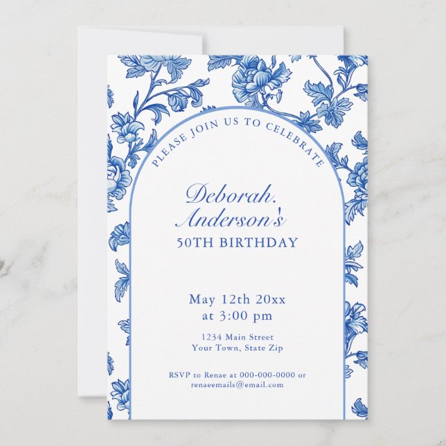 Elegant Blue and White 50th Birthday Party  Einladung (Vorderseite)