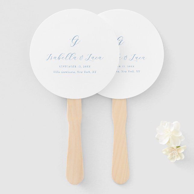 Elegant Blue and White Coastal Chic Wedding Fächer (Vorne und Hinten)