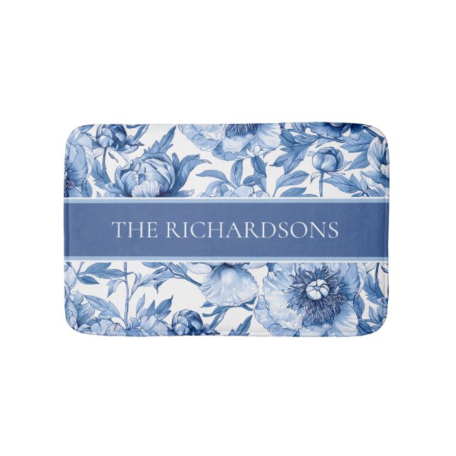 Elegant Blue and White Flowers Floral Pattern Badematte (Vorderseite)