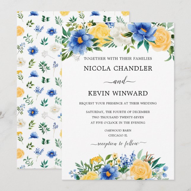 Elegant Blue and Yellow Floral Wedding Einladung (Vorne/Hinten)