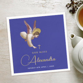 Elegant Blue Angel Bless Taufe Gold Kalligraphie Serviette