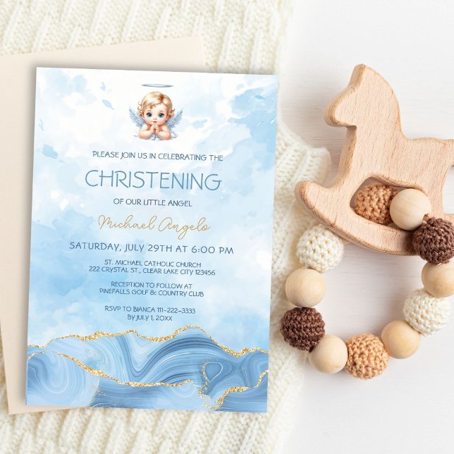 Elegant Blue Angel Boy Taufe Christening Einladung (Von Creator hochgeladen)