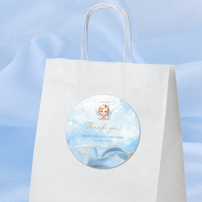 Elegant Blue Angel Boy Taufe Christening Runder Aufkleber (Von Creator hochgeladen)