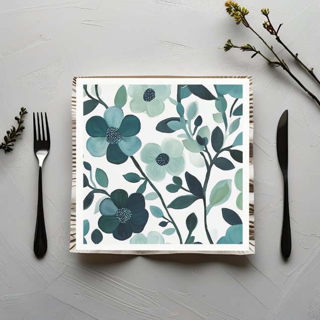 Elegant Blue Aqua Floral Botanisches Papier Napkin Serviette (Von Creator hochgeladen)