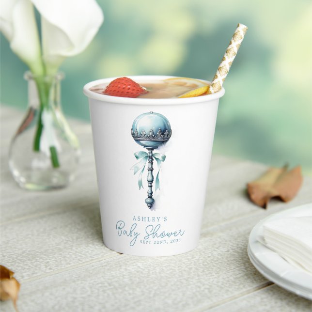 Elegant Blue Baby Rattle Boy Baby Shower Pappbecher (In Situ)