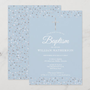 Elegant Blue Baptisse Christening Silver Hearts Einladung