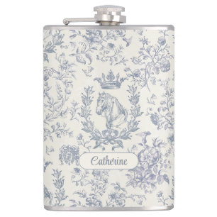 Elegant Blue Beige Reittier Toile Name Flachmann