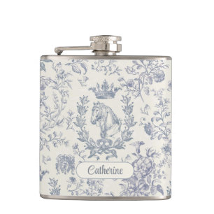 Elegant Blue Beige Reittier Toile Name Flachmann