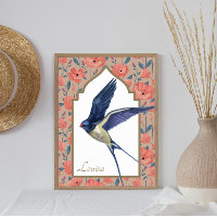 Elegant Blue Bird Sparrow Poppies Custom Wall Art