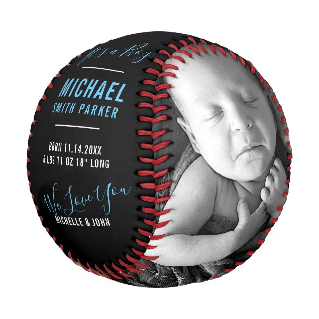Elegant Blue Black Birth Ankündigung 2 Foto Name Baseball (Schrägansicht)