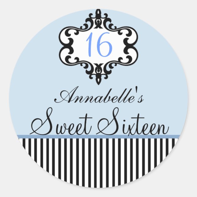 Elegant Blue & Black Chic Sweet 16 Aufkleber (Vorderseite)