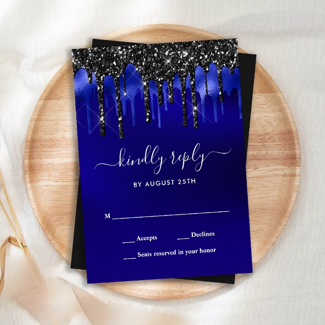 Elegant Blue Black Glitzer Tropfens Wedding RSVP Mitteilungskarte (Von Creator hochgeladen)