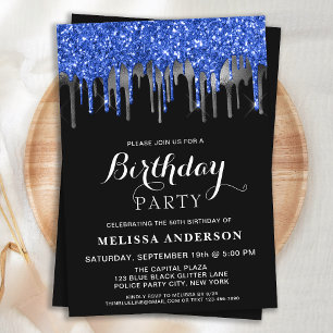 Elegant Blue Black Silver Glitter Drips Birthday Einladung