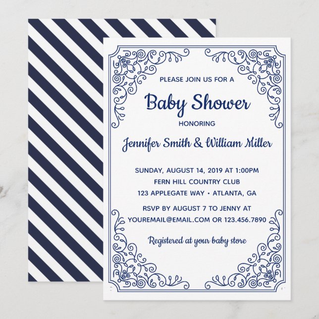 Elegant Blue blüh Swirl Frame Baby Shower Einladung (Vorne/Hinten)