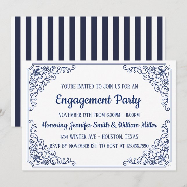Elegant Blue blühe Swirl-Frame-Engagement Party Einladung (Vorne/Hinten)