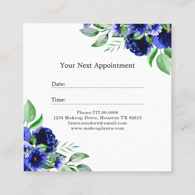 Elegant Blue Blume Hair & Makeup Business Terminkarte (Rückseite)
