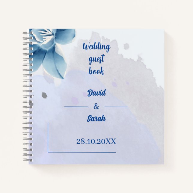 Elegant Blue Blume Personalisiert Wedding Guest Notizbuch (Vorderseite)