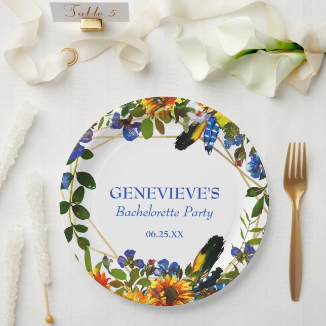 Elegant Blue Boho Floral Junggeselinnen-Abschied Pappteller (Hochzeit)