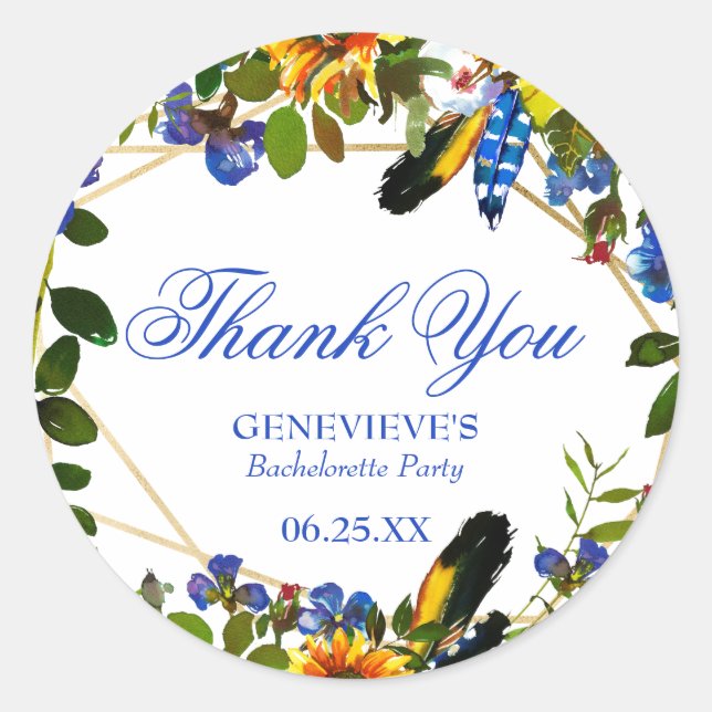 Elegant Blue Boho Floral Junggeselinnen-Abschied V Runder Aufkleber (Vorderseite)