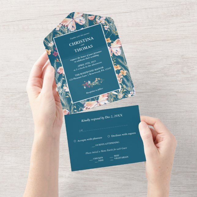 Elegant Blue Boho Wildblumen Hochzeit Einladung (Abreißen)