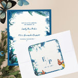Elegant Blue Botanical Butterfly Monogram Wedding Quadratischer Aufkleber<br><div class="desc">Elegant Blue Botanical Butterfly Monogram Wedding Sticker . Seal your wedding stationery with style using this Elegant Blue Botanical Butterfly Monogram Wedding Sticker. Featuring watercolor blue greenery, tropical leaves, and delicate orange butterflies, this design adds a touch of natural beauty and sophistication. Personalize it with your initials or wedding monogram...</div>