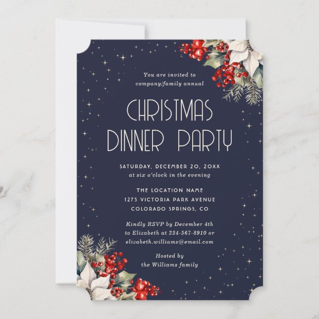 Elegant Blue Botanical Christmas Holiday Party Einladung (Vorderseite)