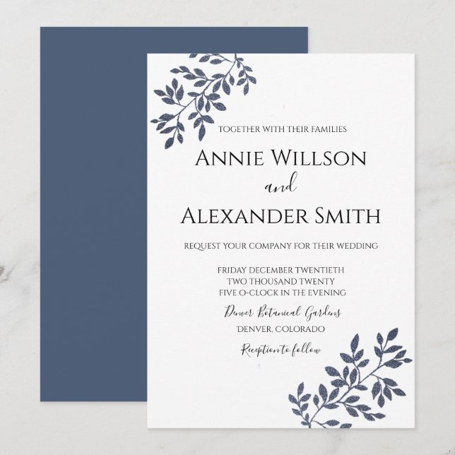 Elegant Blue Botanical Wedding Einladung (Vorne/Hinten)