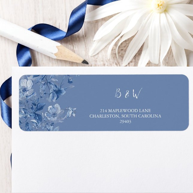 Elegant Blue Botanical Wedding Return Address  (Elegant Blue Botanical Wedding Return Address Label)
