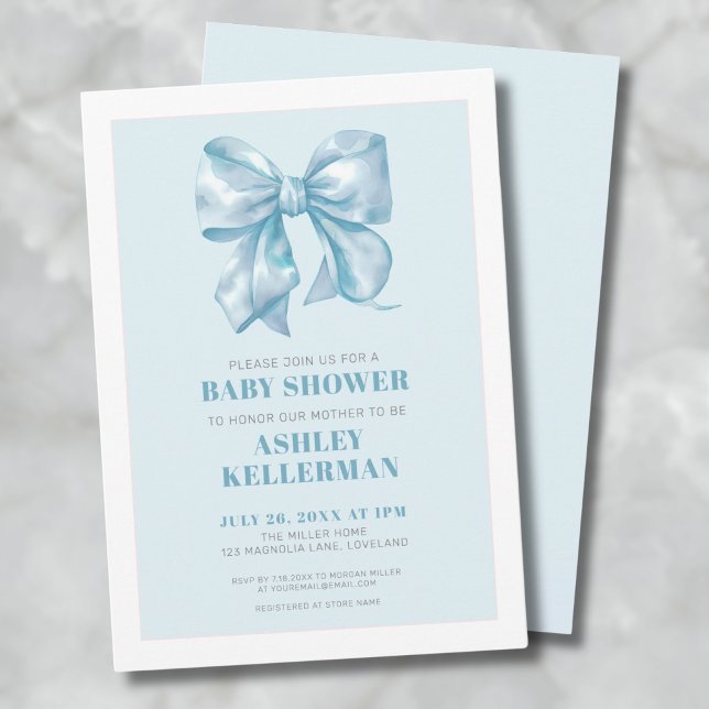 Elegant Blue Bow Baby Shower Einladung (Blue Bow Baby Shower Invitation)
