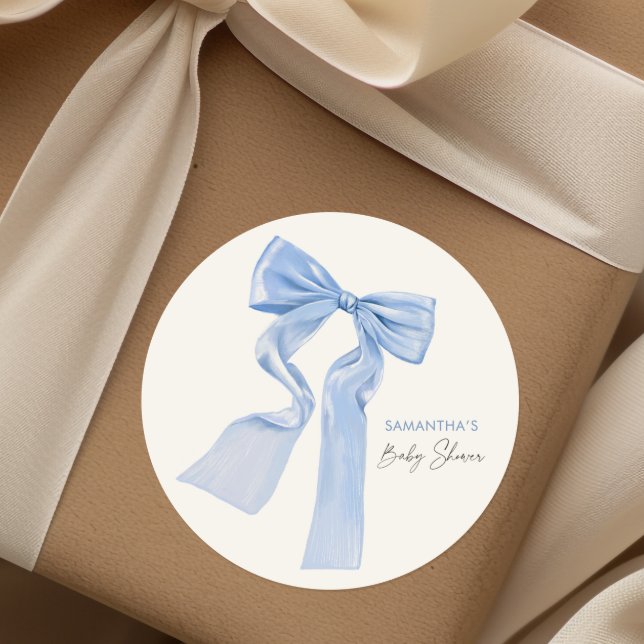 Elegant Blue Bow Baby Shower Runder Aufkleber (Von Creator hochgeladen)