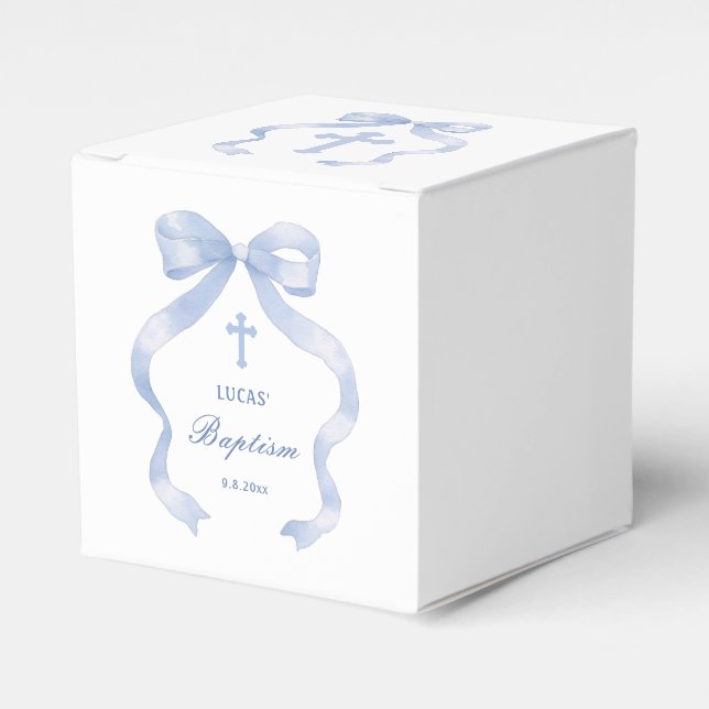 Elegant Blue Bow Baptism Cube Geschenkschachtel (Vorderseite)