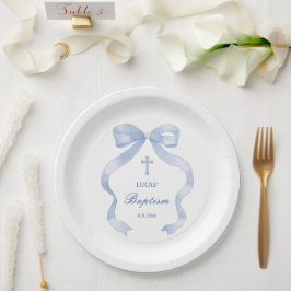 Elegant Blue Bow Baptisse Pappteller