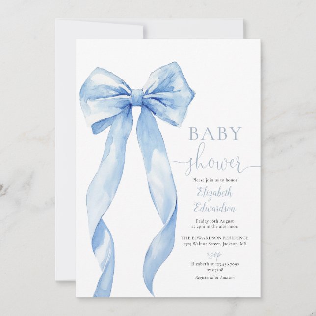 Elegant Blue Bow Boy Baby Shower Einladung (Vorderseite)