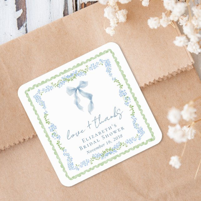 Elegant Blue Bow Bridal Shower Thank You Quadratischer Aufkleber (Elegant Blue Bow Bridal Shower Thank You Square Sticker)