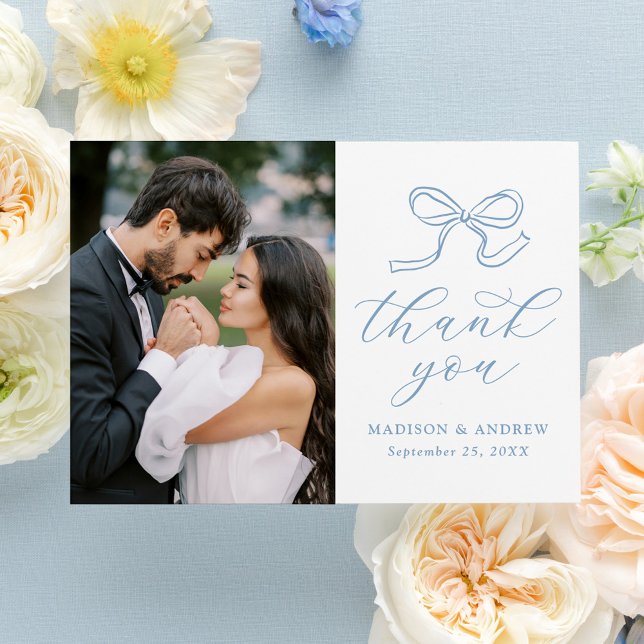 Elegant Blue Bow Foto Wedding Dankeskarte (Von Creator hochgeladen)