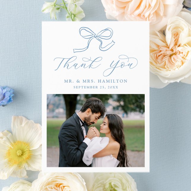 Elegant Blue Bow Foto Wedding Dankeskarte (Von Creator hochgeladen)