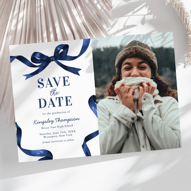 Elegant Blue Bow Graduation Save the Date (Créateur téléchargé)