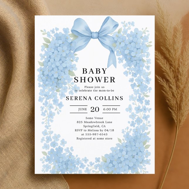 Elegant Blue Bow Hydrangea Baby Shower Postkarte (Von Creator hochgeladen)