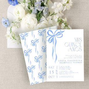 Elegant Blue Bow Mis Quince Años Quinceañera Einladung