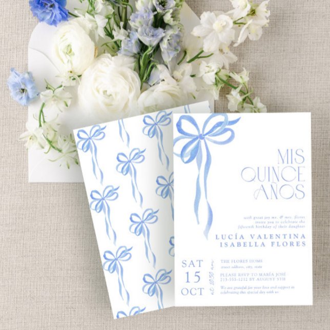 Elegant Blue Bow Mis Quince Años Quinceañera Einladung (Von Creator hochgeladen)