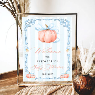 Elegant Blue Bow Niedlich Pumpkin Baby Shower Poster