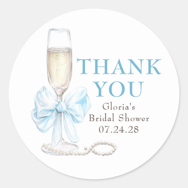 Elegant Blue Bow Prosecco Bridal Shower Thank You Runder Aufkleber (Vorderseite)