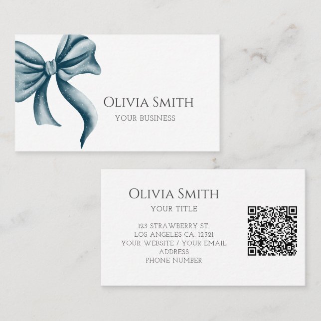 Elegant Blue Bow QR Code Visitenkarte (Vorne/Hinten)